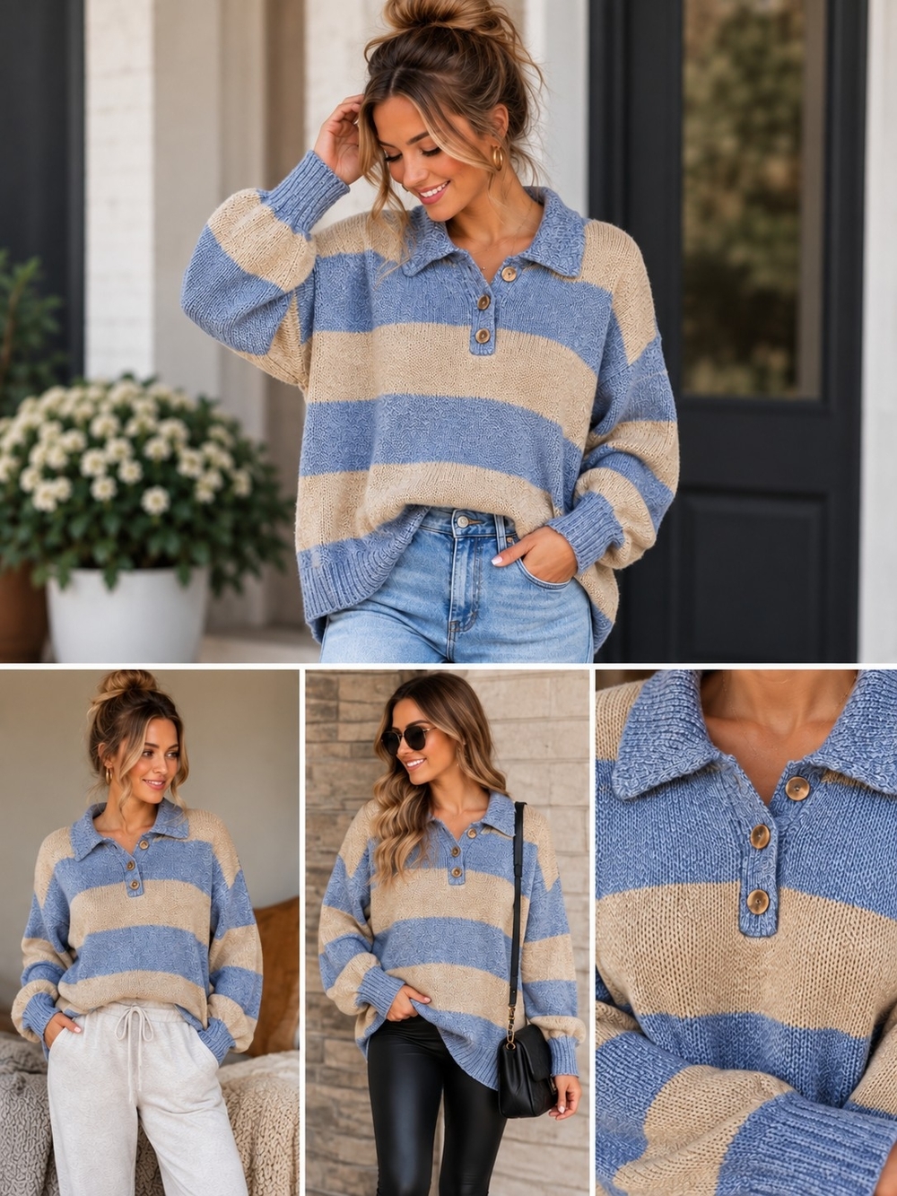 Zara Blue & Beige Striped V-Neck Collared Sweater